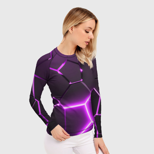 Женский рашгард 3D с принтом Фиолетовые неоновые геометрические плиты, фото на моделе #1
