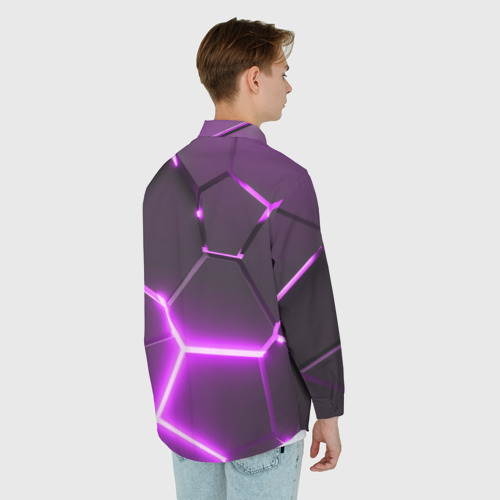 Мужская рубашка oversize 3D с принтом Фиолетовые неоновые геометрические плиты, вид сзади #2