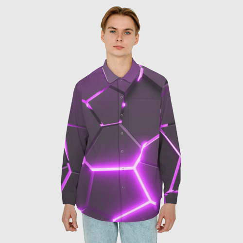 Мужская рубашка oversize 3D с принтом Фиолетовые неоновые геометрические плиты, фото на моделе #1