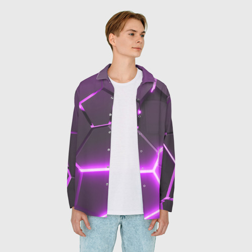 Мужская рубашка oversize 3D с принтом Фиолетовые неоновые геометрические плиты, вид сбоку #3