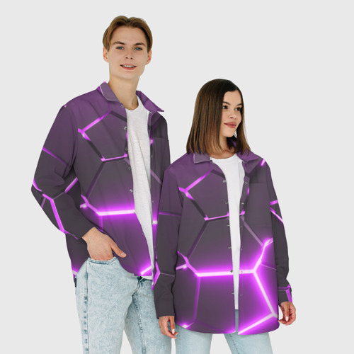 Мужская рубашка oversize 3D с принтом Фиолетовые неоновые геометрические плиты, фото #4
