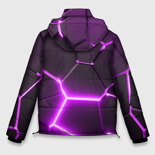 Мужская зимняя куртка 3D с принтом Фиолетовые неоновые геометрические плиты, вид сзади #1