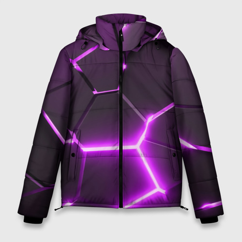Мужская зимняя куртка 3D с принтом Фиолетовые неоновые геометрические плиты, вид спереди #2