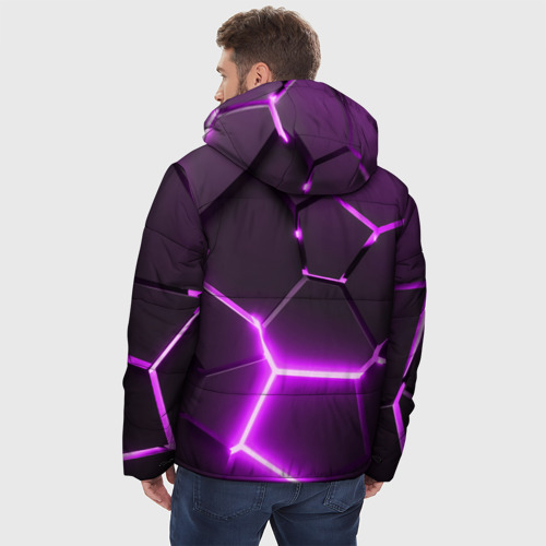 Мужская зимняя куртка 3D с принтом Фиолетовые неоновые геометрические плиты, вид сзади #2