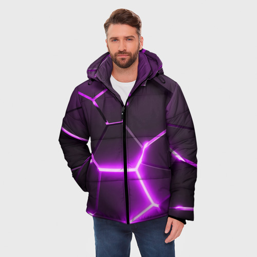 Мужская зимняя куртка 3D с принтом Фиолетовые неоновые геометрические плиты, фото на моделе #1