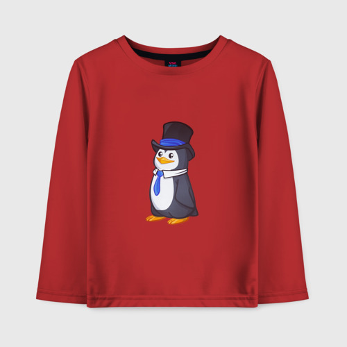 Детский лонгслив хлопок Пингвин в цилиндре, цвет красный