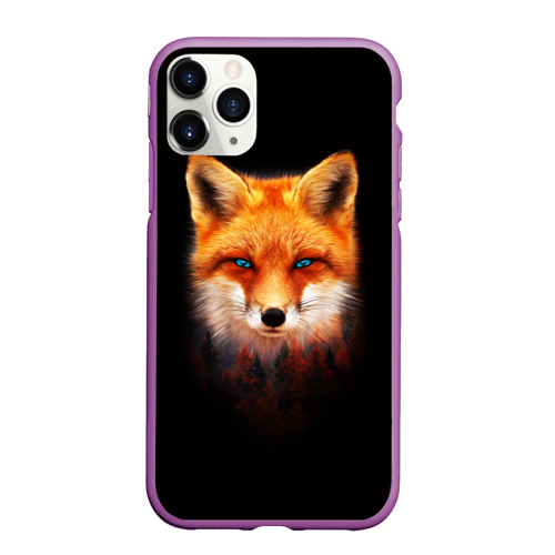 Чехол для iPhone 11 Pro Max матовый Лиса над лесом, цвет фиолетовый