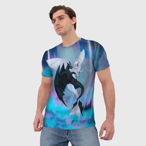 Мужская футболка 3D с принтом Ночная и дневная фурия неон, фото на моделе #1