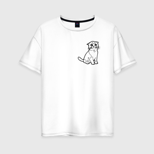 Женская футболка оверсайз из хлопка с принтом Контурный шотландский котенок, вид спереди №1