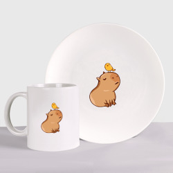 Набор: тарелка + кружка Милая Капибара и птичка