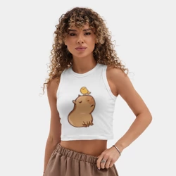 Женская укороченная майка-топ хлопок Милая Капибара и птичка - фото 2