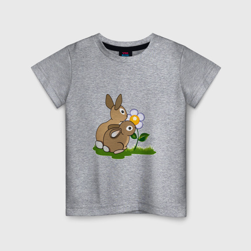 Детская футболка хлопок с принтом Зайцы нюхают ромашку, вид спереди #2