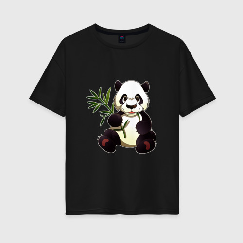 Женская футболка хлопок Oversize с принтом Панда кушает бамбук, вид спереди #2