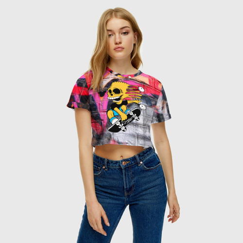 Женская футболка Crop-top 3D Скейтер Барт Симпсон на фоне стены с граффити, цвет 3D печать - фото 3