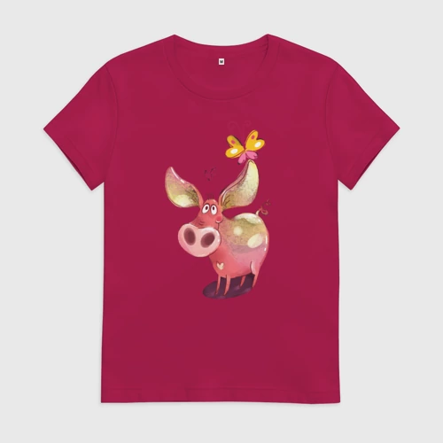 Женская футболка хлопок с принтом Свинка с бабочкой, вид спереди #2