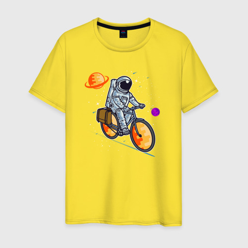 Мужская футболка хлопок с принтом Космонавт едет на велосипеде, вид спереди #2