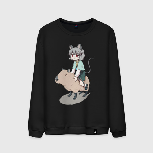 Мужской свитшот хлопок Nazrin - Touhou riding a capybara, цвет черный