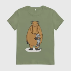 Женская футболка хлопок Капибара держит котёнка - друзья