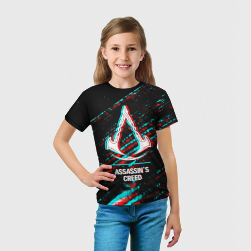 Детская футболка 3D Assassin's Creed в стиле glitch и баги графики на темном фоне, цвет 3D печать - фото 5