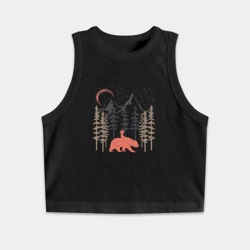 Женская укороченная майка-топ хлопок Девочка, медведь, деревья и звёзды