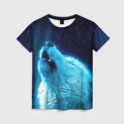 Женская футболка 3D Волк воет на зимнее ночное небо
