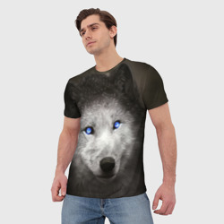 Мужская футболка 3D Волчица с голубыми глазами - фото 2