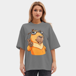 Женская футболка Oversize хлопок premium Капибара - жест двумя пальцами - фото 2