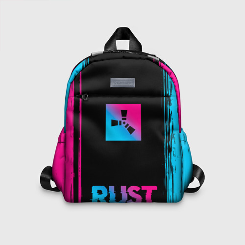 Детский рюкзак 3D с принтом Rust - neon gradient: символ сверху надпись снизу, вид спереди #2