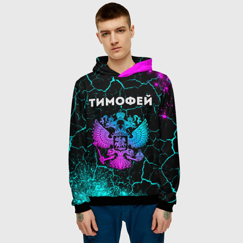 Мужская толстовка 3D Тимофей и неоновый герб России, цвет черный - фото 3