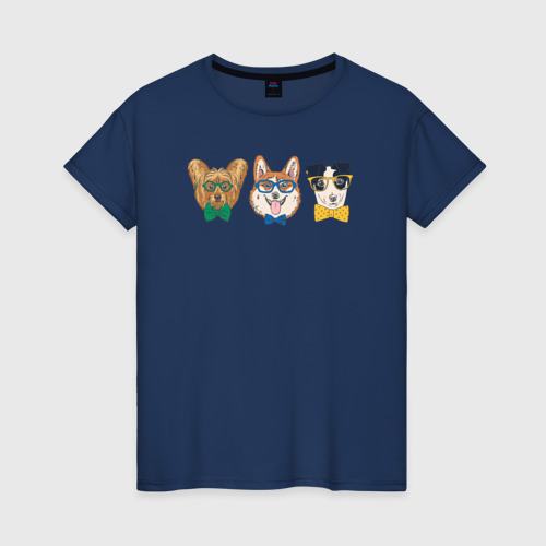 Женская футболка хлопок Собачки-хипстеры, цвет темно-синий