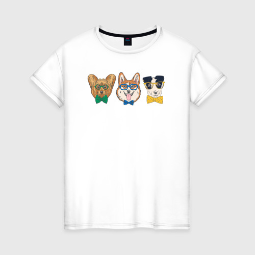 Женская футболка из хлопка с принтом Собачки-хипстеры, вид спереди №1