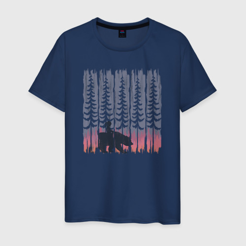 Мужская футболка хлопок Девочка и медведь в лесу, цвет темно-синий