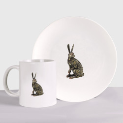 Набор: тарелка + кружка Бронзовый заяц - скульптура - art