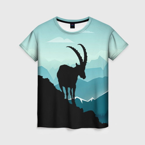 Женская футболка 3D с принтом Горный козел и горы, вид спереди #2