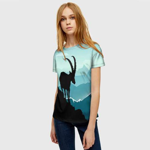 Женская футболка 3D с принтом Горный козел и горы, фото на моделе #1