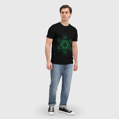 Мужская футболка 3D с принтом Куб Метатрона на чёрном фоне, вид сбоку #3