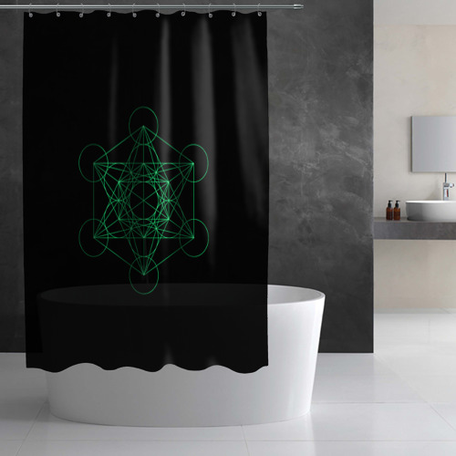 Штора 3D для ванной Куб Метатрона на чёрном фоне - фото 3