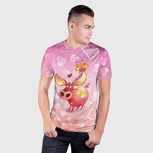 Мужская футболка 3D Slim с принтом Свинка с большими ушами и с бабочкой, фото на моделе #1
