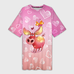 Платье-футболка 3D Свинка с большими ушами и с бабочкой