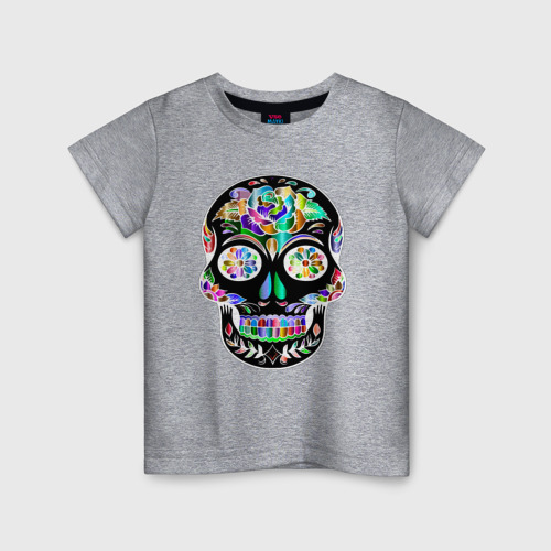 Детская футболка хлопок с принтом Чёрный мексиканский череп с разноцветными цветами, вид спереди #2