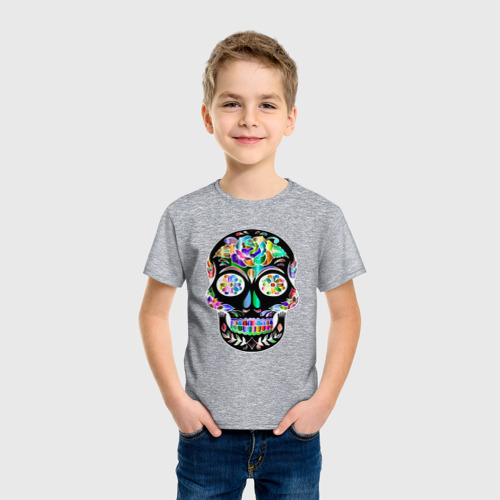 Детская футболка хлопок с принтом Чёрный мексиканский череп с разноцветными цветами, фото на моделе #1