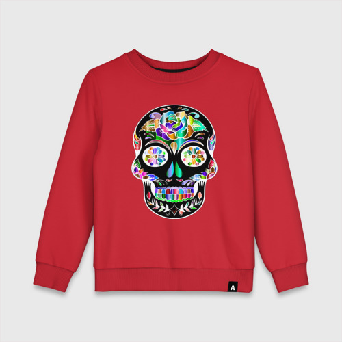 Детский свитшот хлопок с принтом Чёрный мексиканский череп с разноцветными цветами, вид спереди #2