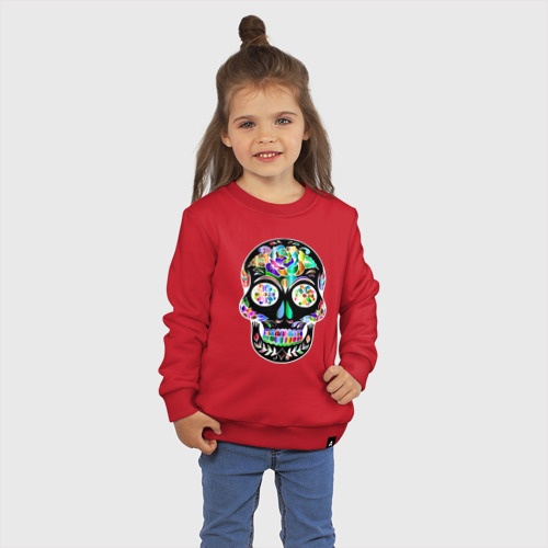 Детский свитшот хлопок с принтом Чёрный мексиканский череп с разноцветными цветами, фото на моделе #1