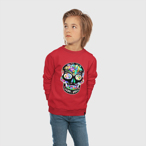 Детский свитшот хлопок с принтом Чёрный мексиканский череп с разноцветными цветами, вид сбоку #3