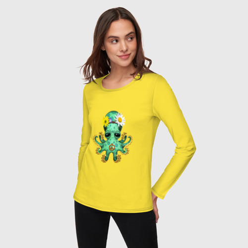 Женский лонгслив хлопок с принтом Мир - Зелёный Осьминог, фото на моделе #1