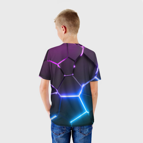 Детская футболка 3D Фиолетовый градиент - неоновые геометрические плиты, цвет 3D печать - фото 4
