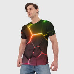 Мужская футболка 3D Неоновые радужные плиты - фото 2
