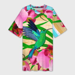 Платье-футболка 3D Колибри и орхидеи