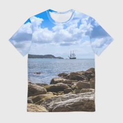 Мужская футболка 3D Парусник на горизонте океана
