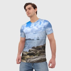 Мужская футболка 3D Парусник на горизонте океана - фото 2